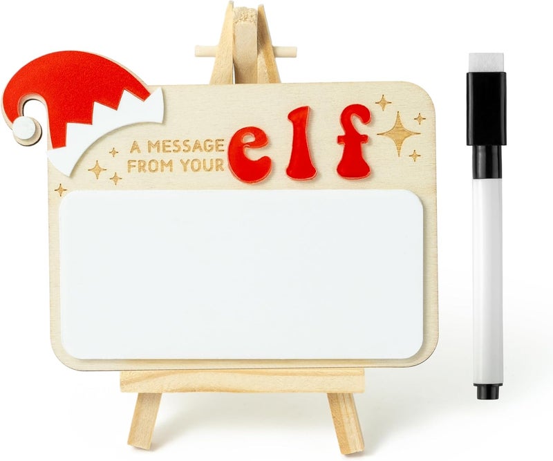 Eartim Christmas Elves Sign - 1Set Elves Message Board with Foldable Wood Tripod Easel Black Marker Dry Erase Whiteboard Home Table Decor Kids Birthday Christmas Gift Holiday Keepsake Xmas Party Favor - Image 1